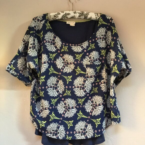 Meadow Rue Anthropologie Top Zane Layered Blouse Size Small Lined Navy Floral - Picture 1 of 7